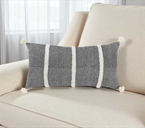 14" X 26" Black And White Weave Cotton Throw Pillow with Tassels