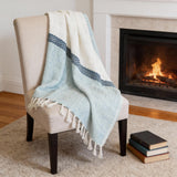 50" X 60" Teal Blue And Ivory Color Block Cotton Throw Blanket with Fringe