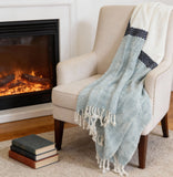 50" X 60" Blue And Ivory Cotton Woven Color Block Throw Blanket with Fringe