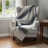 50" X 60" Blue And Ivory Cotton Woven Striped Throw Blanket with Fringe