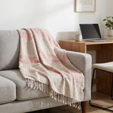 50" X 60" Beige And Pink Cotton Woven Striped Throw Blanket with Fringe
