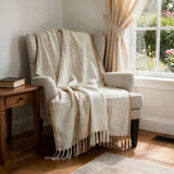 50" X 60" Ivory Cotton Woven Striped Throw Blanket with Fringe