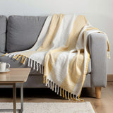 50" X 60" Yellow And Ivory Cotton Woven Striped Throw Blanket with Fringe