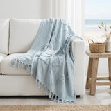 50" X 60" Light Blue Cotton Woven Throw Blanket with Tassels And Fringe