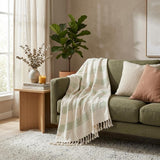 Gray and Green Woven Cotton Throw Blanket with Fringe