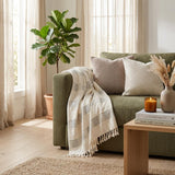 Beige and Gray Woven Cotton Throw Blanket with Fringe