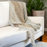 50" X 60" Beige Brown And Ivory Recycled Poly PET Striped Throw Blanket with Tassels