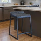 25" Gray Genuine Leather And Iron Low Back Counter Height Bar Chair