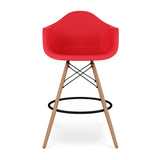 28" Red And Brown Heavy Duty Plastic And Solid Wood Low Back Counter Height Bar Chair