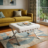 24" White Genuine Leather and Silver Tufted Footstool Ottoman