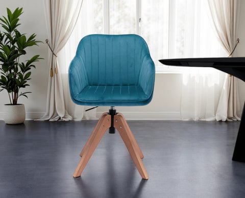 Tufted Teal Blue and Natural Upholstered Velvet Dining Arm Chair