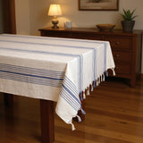 71" x 95" Cream And Blue Striped Cotton Tablecloth And Napkins Set