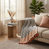 39" X 71" Gray and Orange Cotton Geometric Turkish Towel Throw Blanket with Tassels