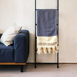 59" X 71" Blue and Beige Cotton Striped Throw Blanket with Tassels