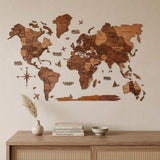 24" X 39" Brown and Tan Wood World Map Hanging Dimensional Sculpture