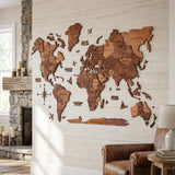 47" X 79" Brown and Tan Wood World Map Hanging Dimensional Sculpture