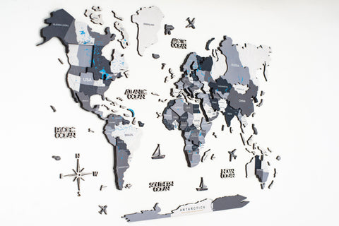 24" X 39" Black Gray and White Wood World Map Hanging Dimensional Sculpture