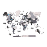 47" X 79" Black Gray and White Wood World Map Hanging Dimensional Sculpture