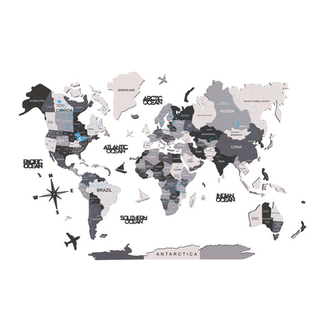 47" X 79" Black Gray and White Wood World Map Hanging Dimensional Sculpture