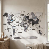 47" X 79" Black Gray And White World Map Wood Hanging Dimensional Sculpture