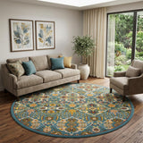 8' Blue Round Floral Power Loom Area Rug