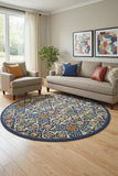 8' Blue Round Floral Power Loom Area Rug