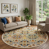 8' Ivory Round Floral Power Loom Area Rug
