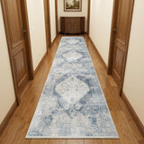 10' Blue Oriental Power Loom Distressed Washable Runner Rug