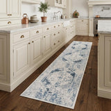 8' Blue Oriental Power Loom Distressed Washable Runner Rug
