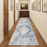 12' Blue Oriental Power Loom Distressed Washable Runner Rug