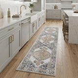 8' Gray And Gold Floral Medallion Distressed Washable Runner Rug
