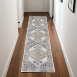 8' Gray And Gold Floral Medallion Distressed Washable Runner Rug
