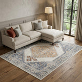 8' X 10' Gray And Gold Floral Medallion Distressed Washable Area Rug