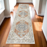 12' Gray And Ivory Oriental Distressed Washable Runner Rug