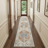 12' Gray And Ivory Oriental Distressed Washable Runner Rug