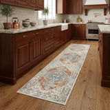 8' Gray And Ivory Oriental Distressed Washable Runner Rug