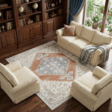 8' X 10' Gray Orange And Ivory Floral Medallion Distressed Washable Area Rug