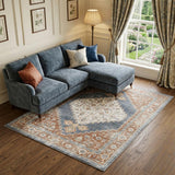 7' X 9' Denim Blue Oriental Power Loom Distressed Washable Area Rug