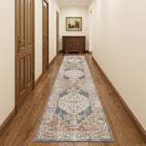 12' Denim Blue Oriental Power Loom Distressed Washable Runner Rug