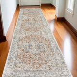 12' Gold And Ivory Oriental Washable Runner Rug