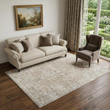 5' X 7' Beige Oriental Power Loom Washable Area Rug