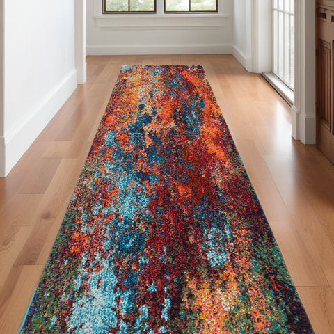 12' Blue And Orange Abstract Runner Rug