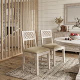 Set of Two Brown And White Upholstered Fabric Carved Back Dining Side Chairs