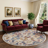 8' Navy Blue Round Damask Power Loom Distressed Area Rug