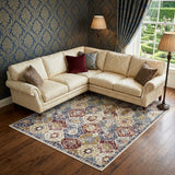 8' X 10' Navy Blue Damask Power Loom Distressed Area Rug