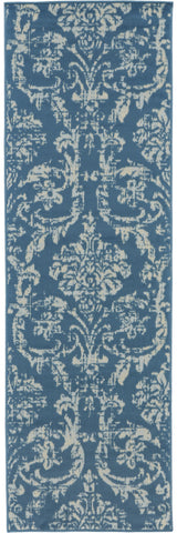 7' Blue Damask Power Loom Runner Rug
