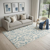 5' X 7' Ivory And Blue Damask Area Rug