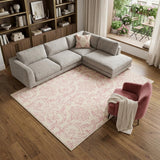 6' X 9' Ivory And Pink Damask Area Rug