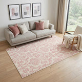 5' X 7' Ivory And Pink Damask Area Rug