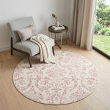 5' Ivory And Pink Damask Round Rug